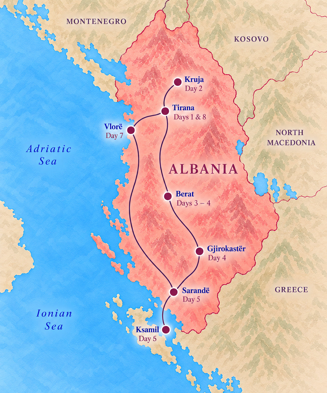 Illustrated albania itinerary map showing Ksamil Day 5.
