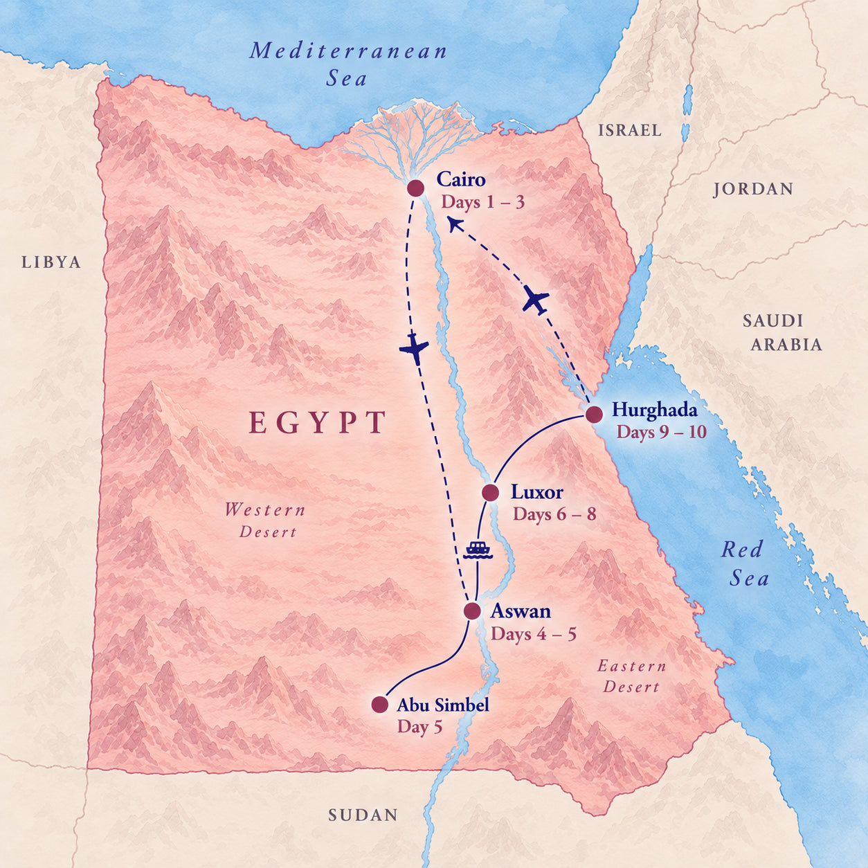 Illustrated Egypt itinerary map showing the trip route and destinations.