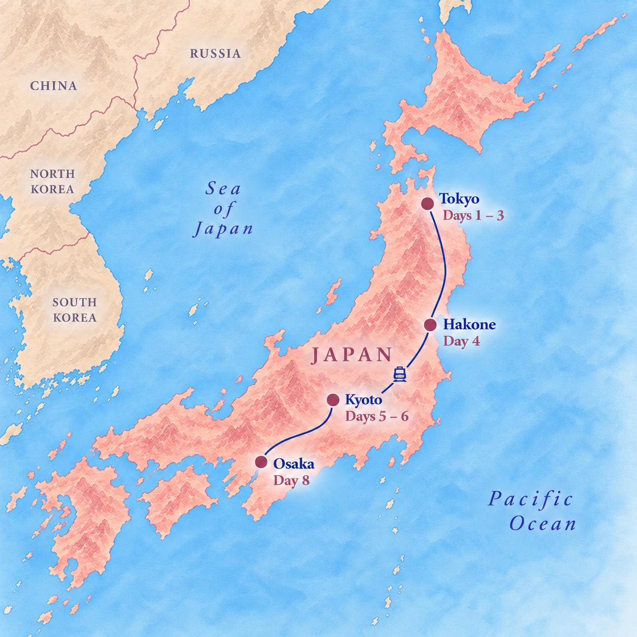 Illustrated japan itinerary map showing Osaka Day 8.