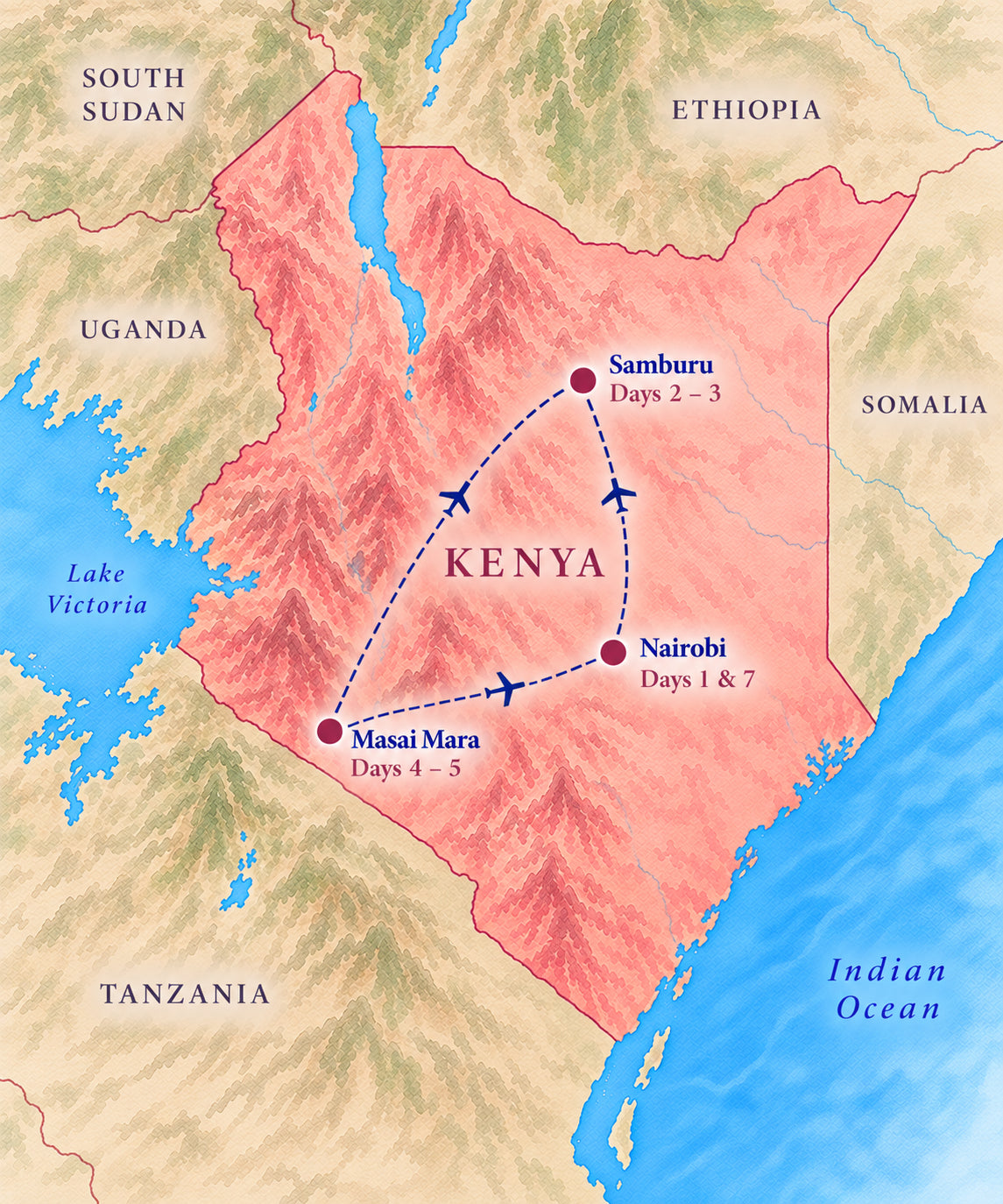 Illustrated Kenya itinerary map showing the trip route and destinations.