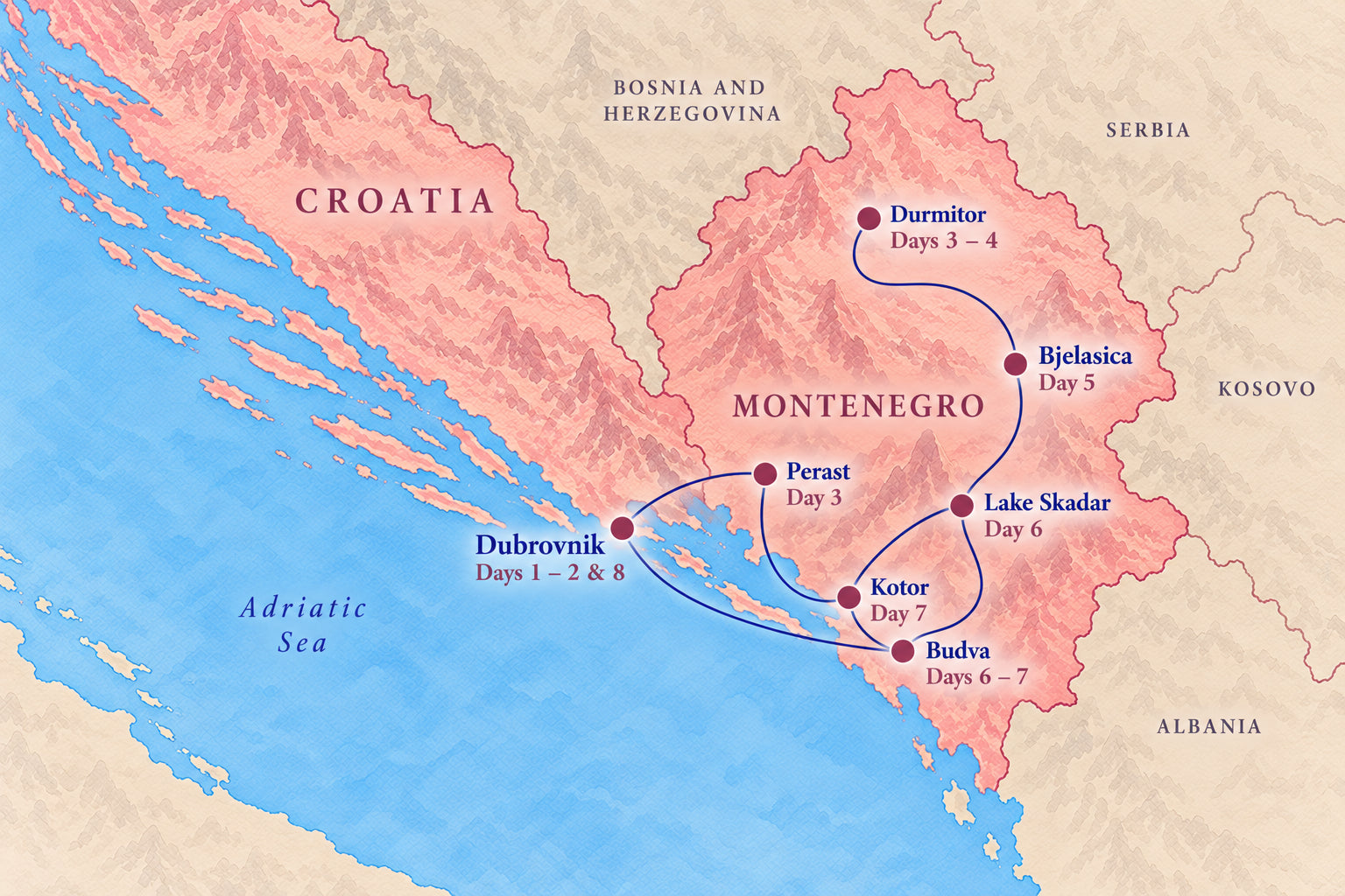 Illustrated Montenegro and Croatia itinerary map showing Dubrovnik and the Montenegro itinerary stops and trip day labels.