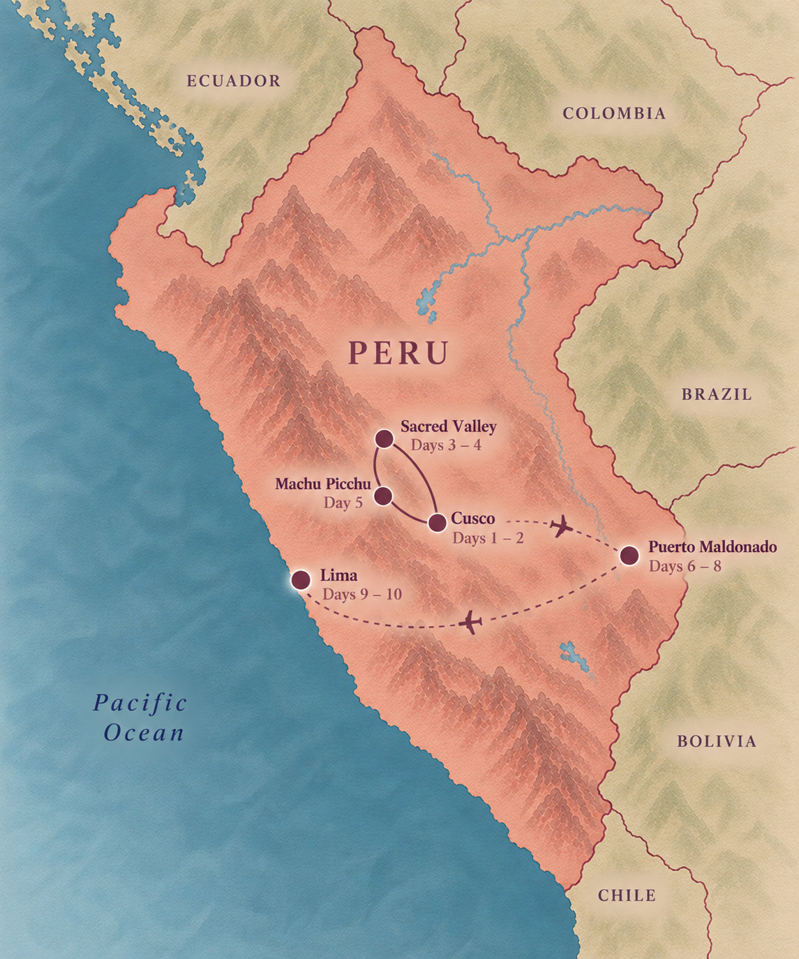 Illustrated Peru itinerary map showing Cusco, the Sacred Valley, Machu Picchu, Puerto Maldonado and Lima and trip day labels.