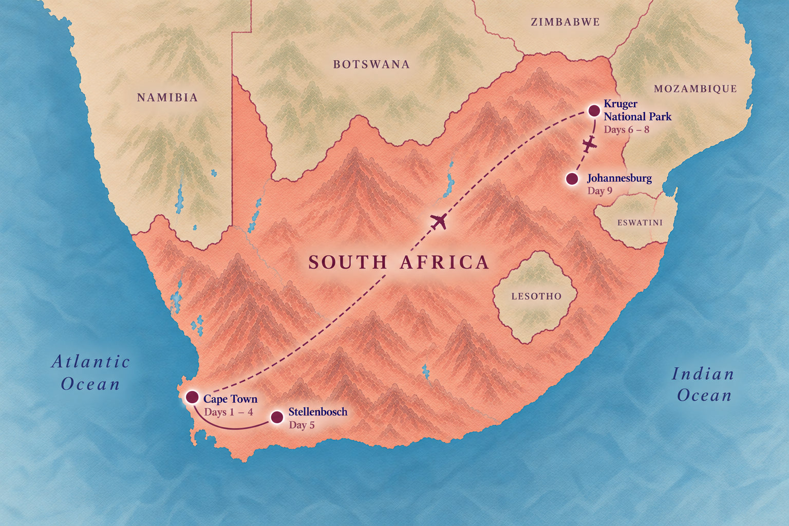 Illustrated South Africa itinerary map showing Cape Town, Stellenbosch, Kruger National Park and Johannesburg and trip day labels.